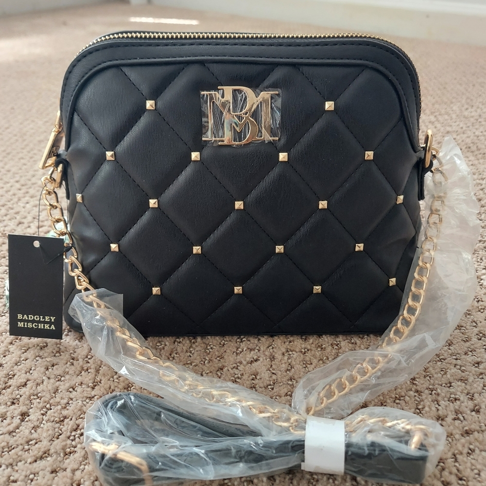 New Badgley Mischka Blk Crossbody Dome Purse W/Studs